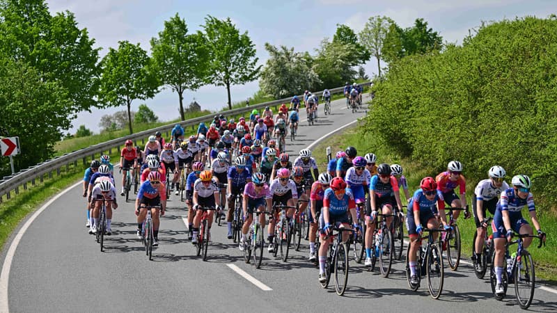 Un peloton d'une course cycliste féminine, en Allemagne le 24 mai 2023