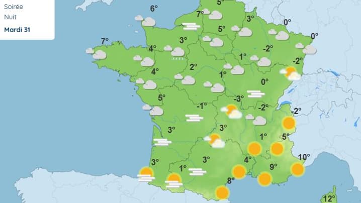 Les températures en France le lundi 30 décembre 2024.