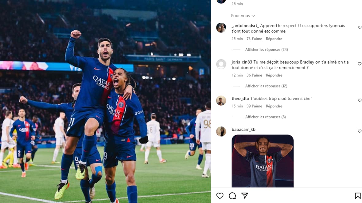 Le post Instagram de Bradley Barcola après la victoire du PSG face aux Lyonnais, 21 avril 2024