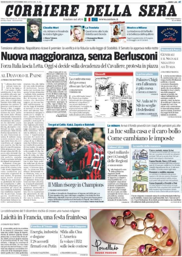 La une du Corriere de la Sera du 28 novembre.