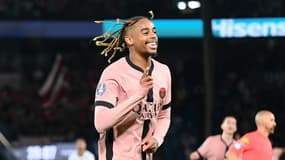 La joie de Bradley Barcola, buteur contre Rennes le 27 septembre 2024