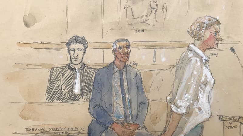 Un dessin montre le commissaire Grégoire Chassaing au tribunal de Rennes, son avocat Louis Cailliez et la mère de Steve Maia Caniço, le 10 juin 2024, à l'ouverture du procès pour l'homicide involontaire du jeune homme de 24 ans.