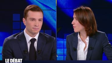 Jordan Bardella (RN) face à Valérie Hayer (Renaissance) lors du débat des européennes sur BFMTV