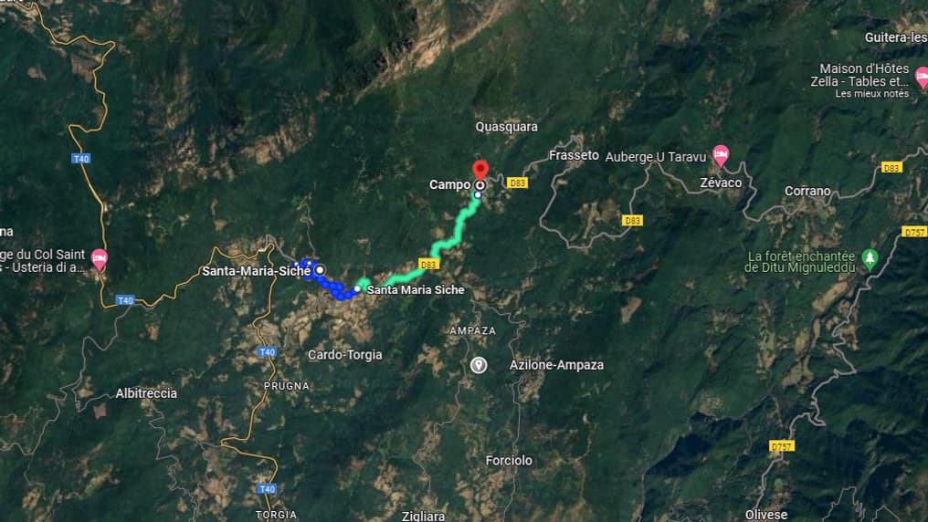 Carte montrant l'itinéraire entre les communes de Campo et Santa-Maria-Siché en Corse.