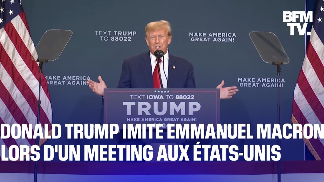 Donald Trump imiteert Emmanuel Macron tijdens een bijeenkomst in Iowa, Verenigde Staten