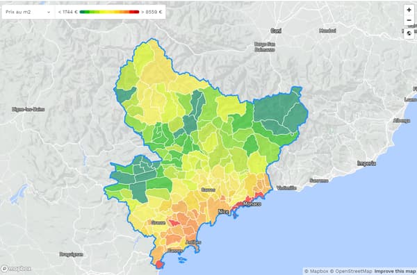 La carte des prix immobiliers de MeilleursAgents dans les Alpes-Maritimes.