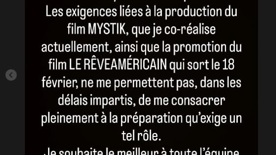 Le message publié par Raphaël Quenard sur son compte Instagram, le 22 janvier 2026, au sujet de son rôle dans le biopic de Johnny Hallyday.