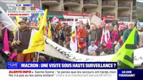 Des manifestants contre la réforme des retraites attendent Emmanuel Macron à Savines-le-Lac