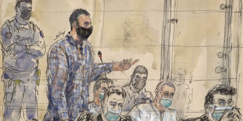 Salah Abdeslam lors de son audition devant la cour d'assises spéciale qui juge les attentats du 13-Novembre (croquis d'audience)