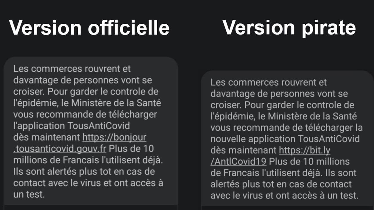 Capture d'écran du SMS officiel et du SMS pirate (remerciement à Numerama) Capture d'écran du SMS officiel et du SMS pirate (remerciement à Numerama)