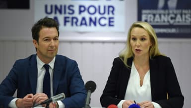 Marion Maréchal et Guillaume Peltier en conférence de presse de Reconquête, le parti d'extrême droite d'Eric Zemmour, à Saint-Jean-Le-Blanc, le 16 mars 2022. 