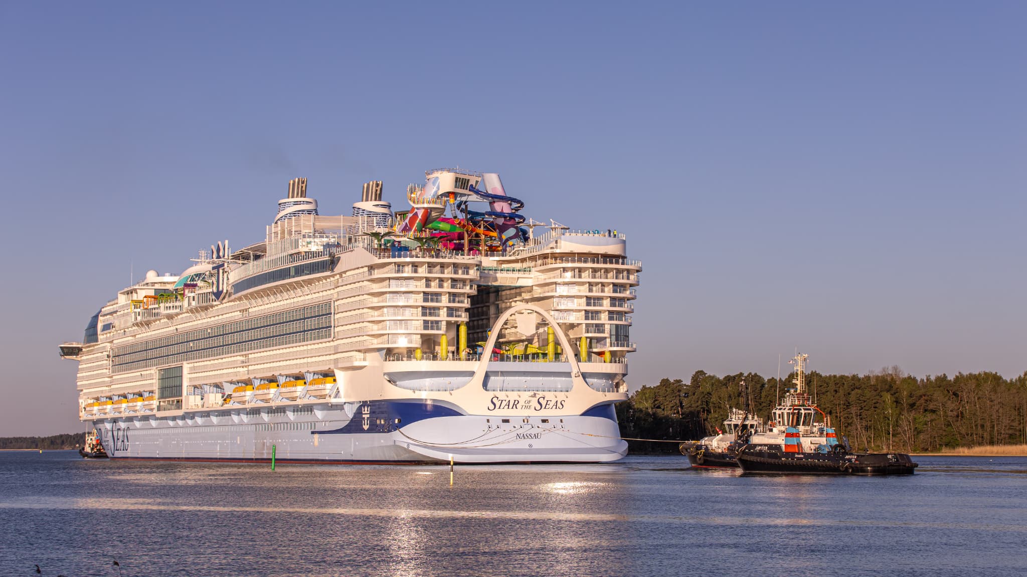 Le navire de croisière "Star of the Seas" de la compagnie maritime Royal Carribean, lors de ses essais en mer en Finlande, en mai 2025. Le navire de croisière "Star of the Seas" de la compagnie maritime Royal Carribean, lors de ses essais en mer en Finlande, en mai 2025.