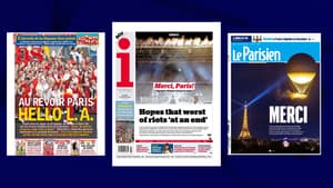 Les unes du journal espagnol AS, du quotidien britannique I et du journal Le Parisien, datées du lundi 12 août 2024