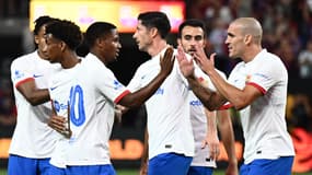 La joie du Barça après la victoire face à l'AC Milan (1-0) en amical, le 2 août 2023 à Las Vegas