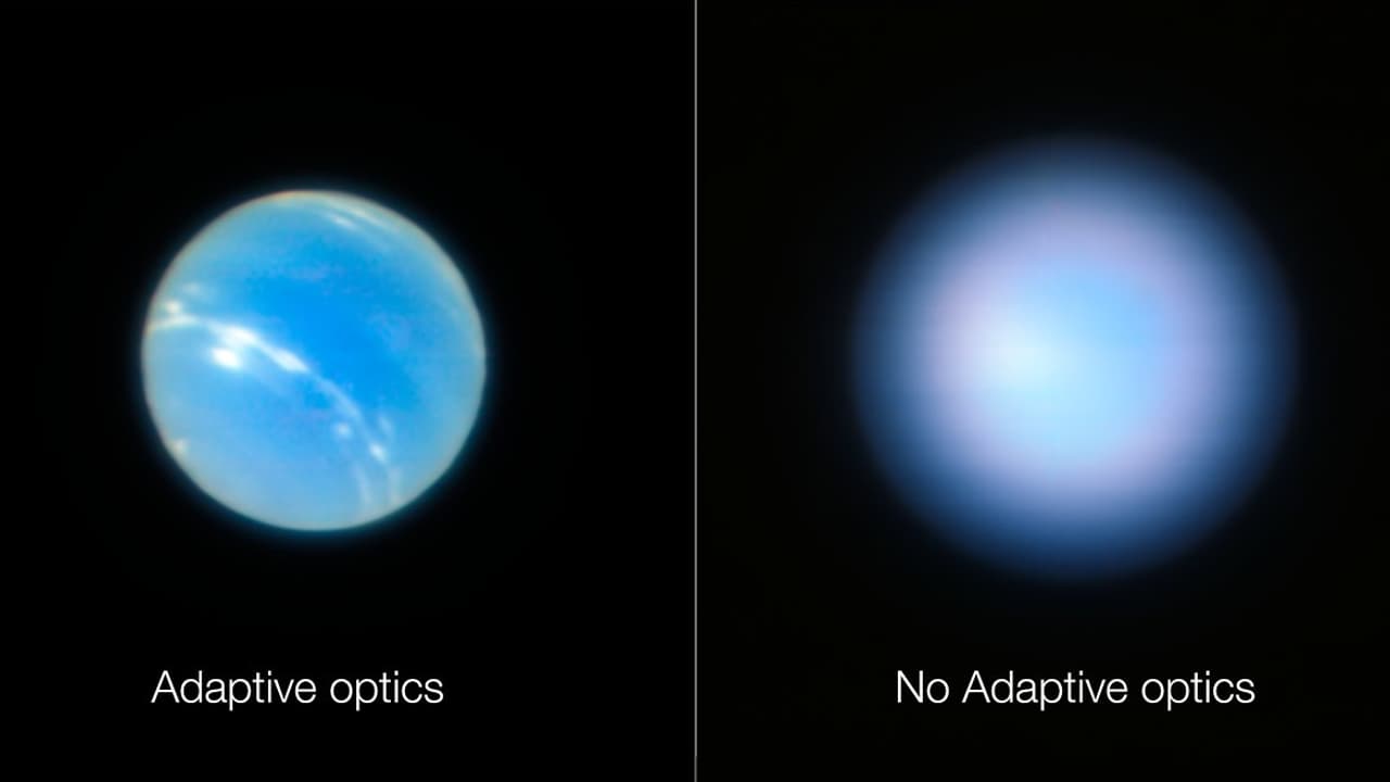 Comparaison entre des clichés pris par le Très Grand Télescope (VLT) avec la technologie d'optique adaptative (à gauche) et sans (à droite). Comparaison entre des clichés pris par le Très Grand Télescope (VLT) avec la technologie d'optique adaptative (à gauche) et sans (à droite).