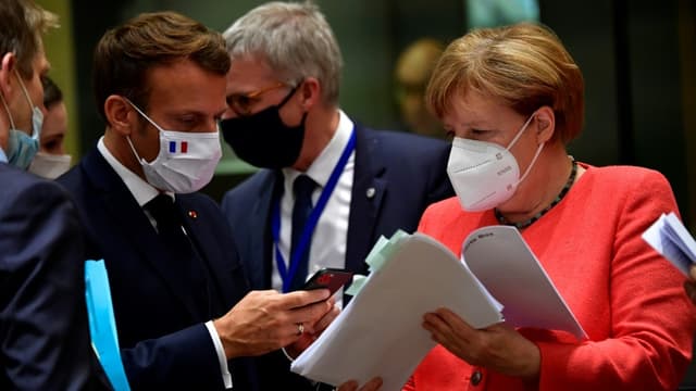Emmanuel Macron et Angela Merkel à Bruxelles le 20 juillet 2020