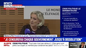 Crise politique: "Je censurerai tous les gouvernements jusqu'à obtenir la dissolution", assure Marine Le Pen