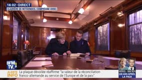 Emmanuel Macron et Angela Merkel poursuivent les commémorations dans une réplique du wagon dans lequel a été signé l'Armistice il y a 100 ans