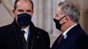 Jean Castex et Richard Ferrand lors de la cérémonie pour l'entrée au Panthéon de Maurice Genevoix, à Paris le 11 novembre 2020