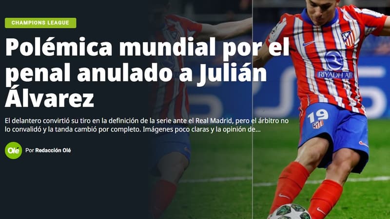 Atlético-Real: "Polémique mondiale" dans la presse après le tir au but refusé de Julian Alvarez