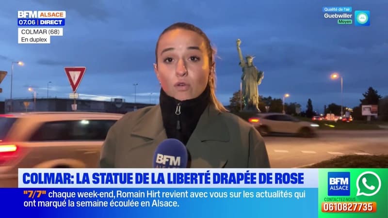 Cancer du sein : la statue de la Liberté de Colmar se pare d’une écharpe rose 