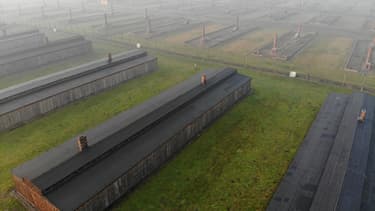 Vue aérienne du camp d'Auschwitz II - Birkeneau (Pologne), le 15 décembre 2019.