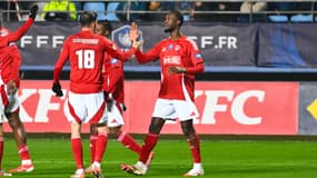 Abdallah Sima et Mathias Pereira Lage lors de la victoire de Brest à Troyes (1-2, Coupe de France), le 4 février 2025