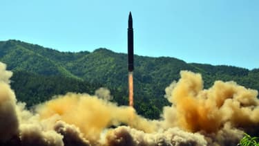 Lancement d'un missile balistique intercontinental Hwasong-14 dans un endroit non précisé, en Corée du Nord le 4 juillet 2017