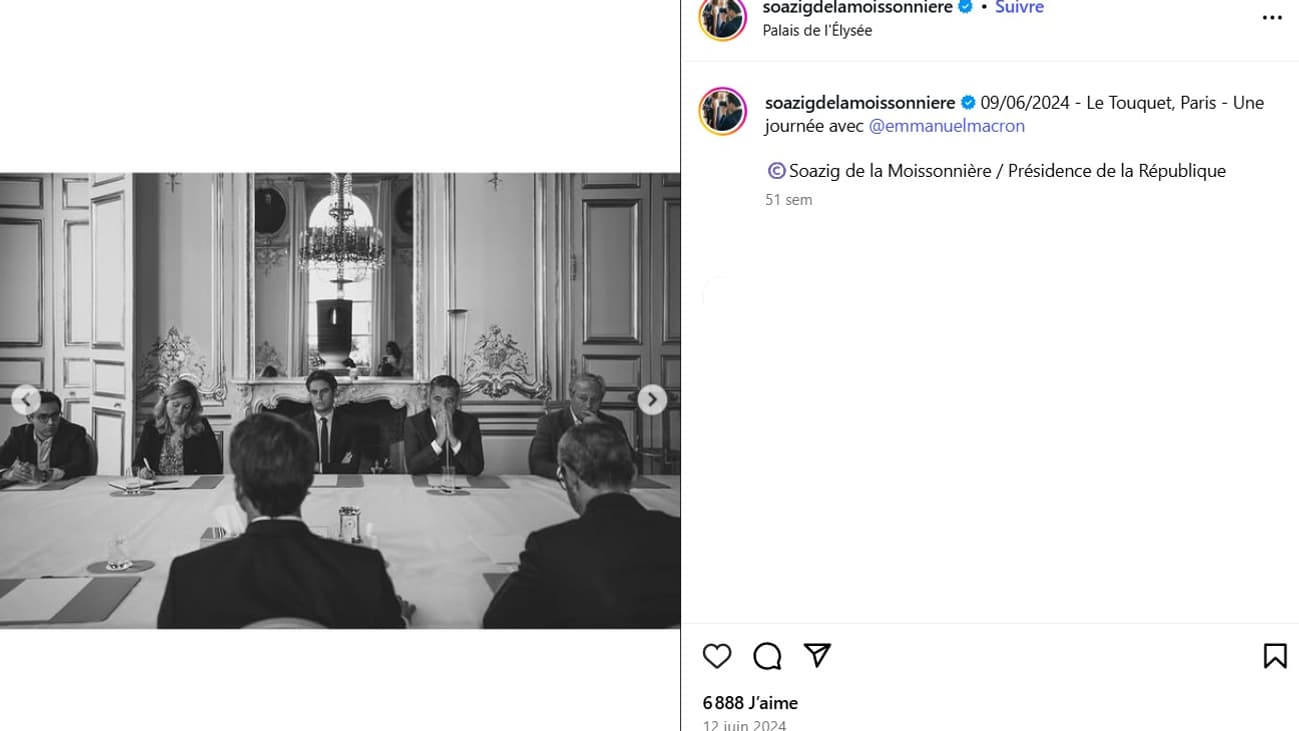 Capture d'écran de la page Instagram de Soazig de la Moissonnière, montrant Emmanuel Macron à l'annonce de la dissolution le 9 juin 2024