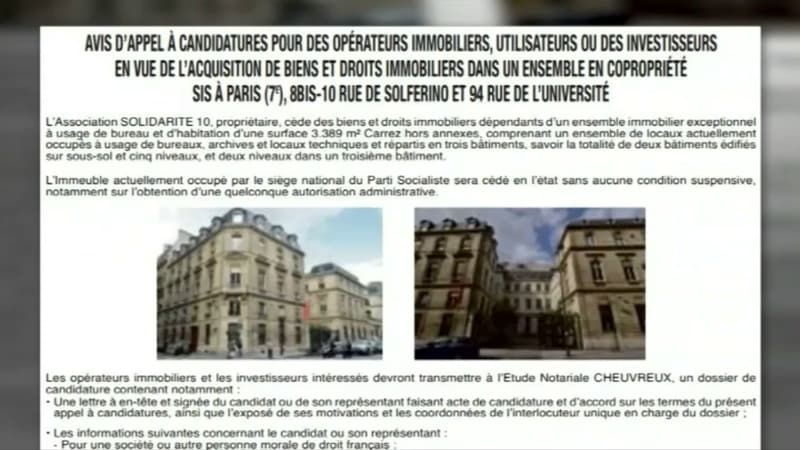 Une annonce pour la vente du siège du Parti Socialiste rue de Solférino est parue dans Les Echos.