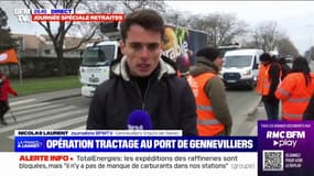 Au port de Gennevilliers (Hauts-de-Seine), une opération de tractage et de ralentissement contre la réforme des retraites