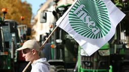 Un agriculteur brandit le drapeau de la Fédération nationale des syndicats d'exploitants agricoles (FNSEA), à Strasbourg le 21 octobre 2024.