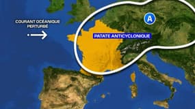 Illustration de la patate anticyclonique qui recouvre l'Europe continentale