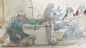Croquis d'audience de Thierry Ascione jugé pour complicité d'assassinat et escroquerie pour des faits commis au Guatemala il y a plus de 30 ans à la cour d'assises de Paris, le 1er octobre 2024