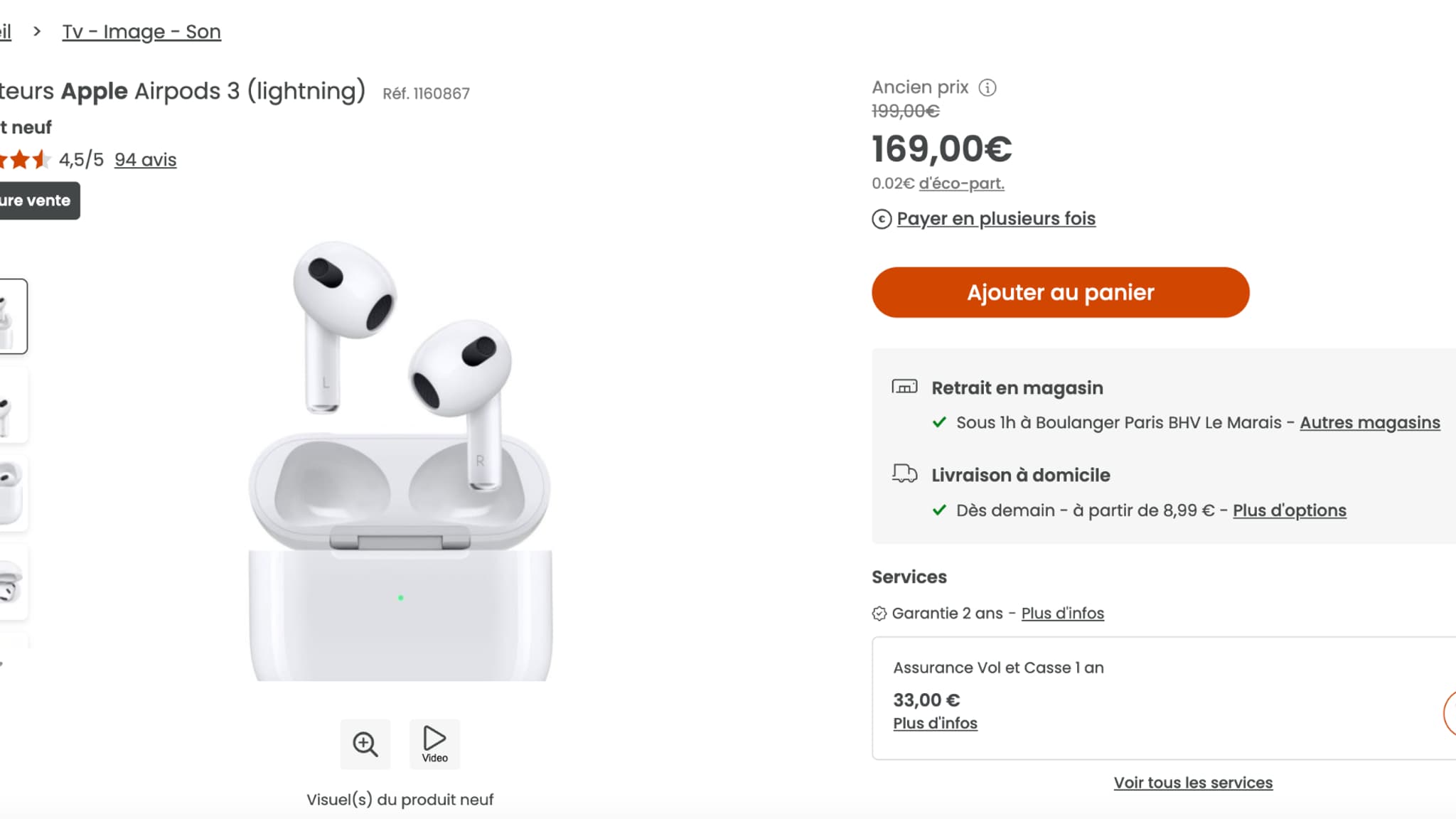 Les Airpods 3 vendus par Boulanger, le 17 septembre 2024