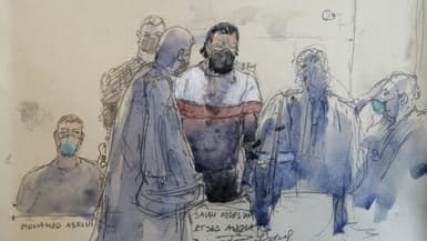 Croquis d'audience réalisé le 9 septembre 2021 montrant Salah Abdeslam, l'un des principaux accusés au procès des attentats du 13 novembre 2015 à Paris