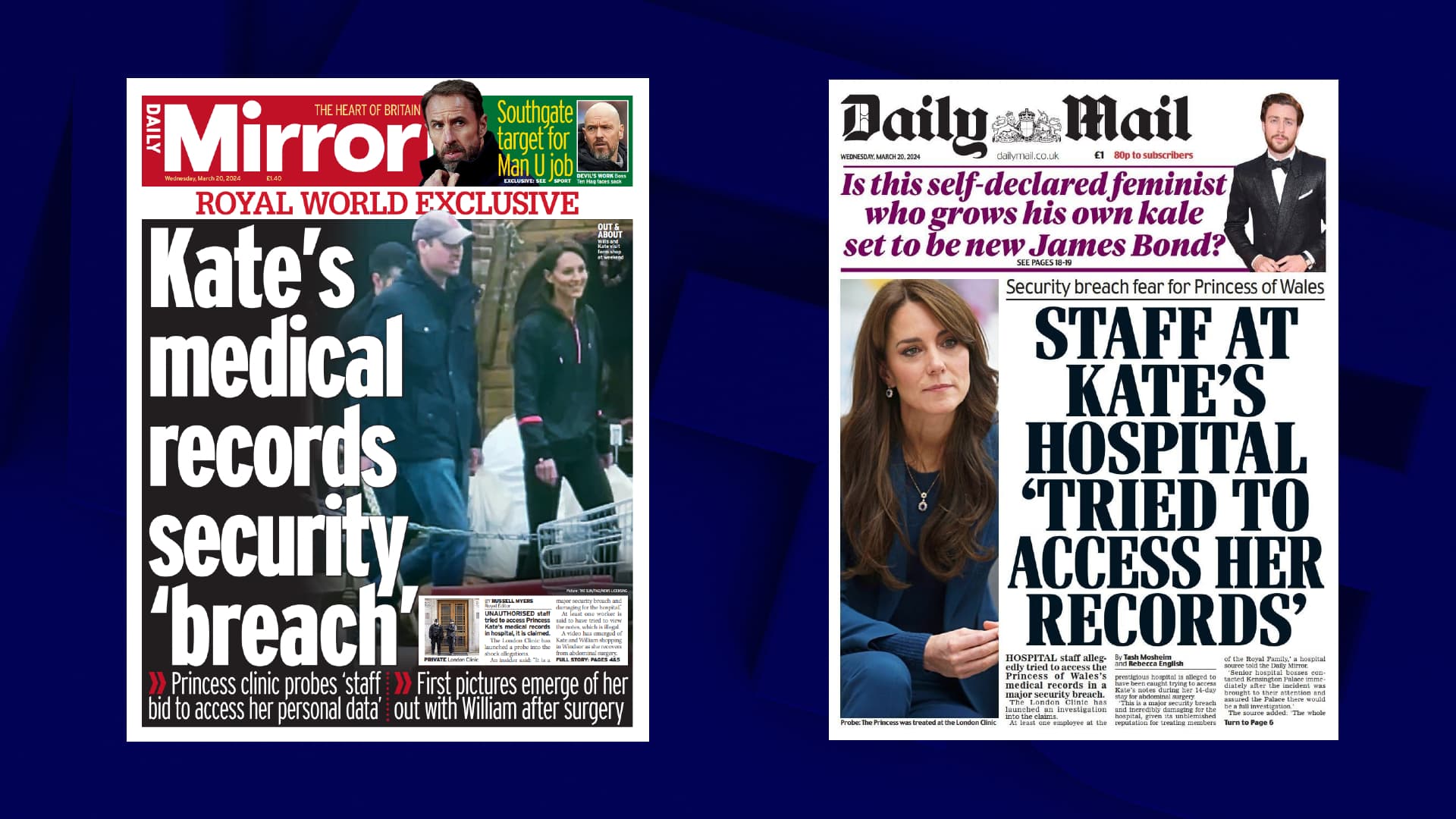 Les unes du Daily Mirror et du Daily Mail, le 20 mars 2024