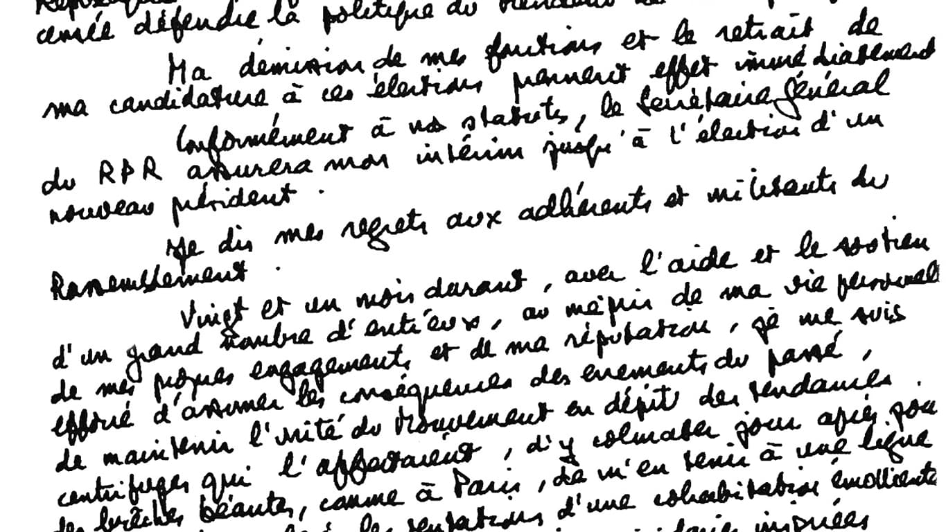 Le communiqué manuscrit de Philippe Séguin, dans lequel il annonce son refus de mener la campagne de la liste RPR-DL aux européennes. Un texte au vitriol qui déclenche un séisme politique.