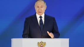 Le président russe Vladimir Poutine lors de son discours annuel à la Nation le 21 avril 2021.