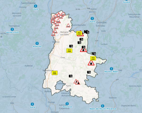 Carte des routes inondées dans la Drôme lundi 18 septembre 2023. Carte des routes inondées dans la Drôme lundi 18 septembre 2023.