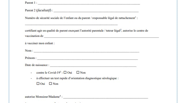 L'attestation à remplir par les parents qui souhaitent faire vacciner leur enfant contre le covid-19.