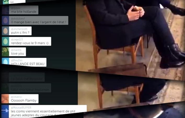 Les équipes de l'Elysée ont eu du mal à modérer les commentaires qui accompagnaient les échanges de François Hollande avec les salariés de ShowRoom privé, retransmis en direct sur Periscope Les équipes de l'Elysée ont eu du mal à modérer les commentaires qui accompagnaient les échanges de François Hollande avec les salariés de ShowRoom privé, retransmis en direct sur Periscope
