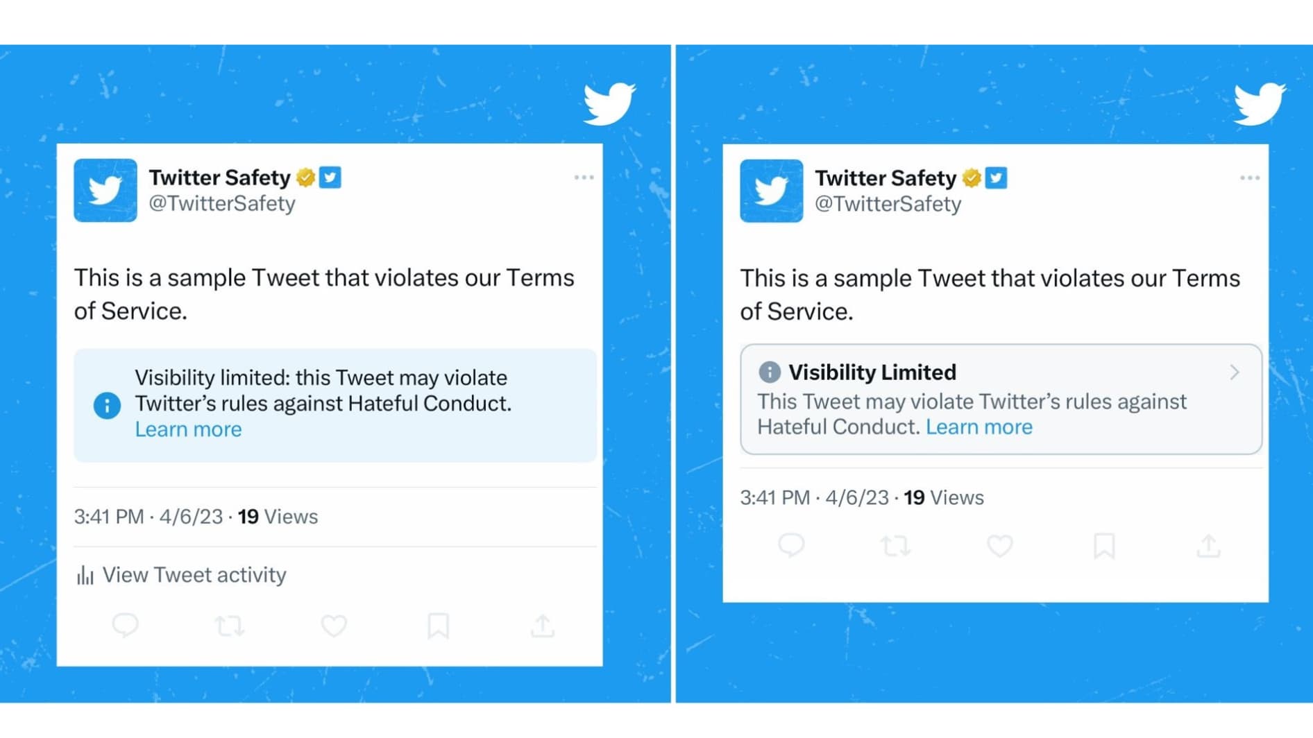 Exemples de labels pour les auteurs (gauche) et utilisateurs visionnant (droite) un tweet "haineux". Exemples de labels pour les auteurs (gauche) et utilisateurs visionnant (droite) un tweet "haineux".