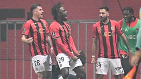 Evann Guessand auteur de l'ouverture du score de Nice à l'Allianz Riviera, 26 janvier 2025