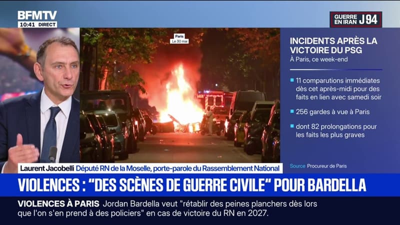 Débordements après le sacre du PSG: "Il faut condamner beaucoup plus fort les voyous", affirme Laurent Jacobelli (RN)