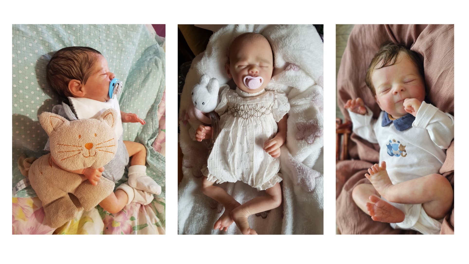 Quelques "poupées reborn" habillées de véritables vêtements et jouets d'enfants.