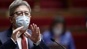 Le candidat de La France insoumise à la présidentielle Jean-Luc Mélenchon le 1er avril 2021 à l'Assemblée nationale à Paris