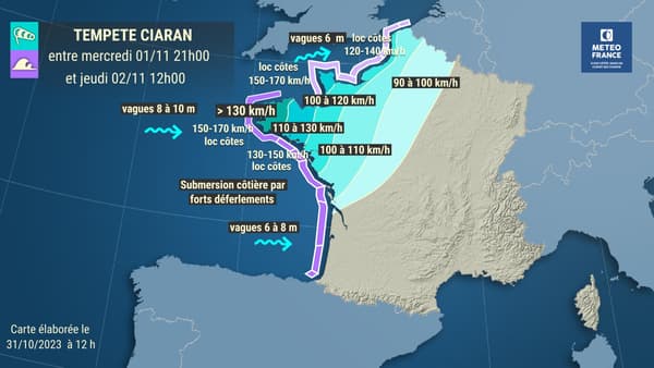 Les prévisions pour la tempête Ciaran entre le 1er et le 2 novembre, selon une carte publiée le 31 octobre 2023 par Météo France