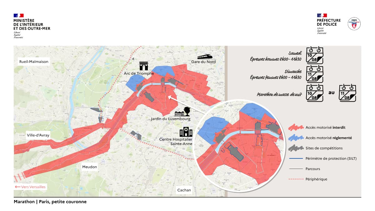 Les périmètres de sécurité mis en place autour des épreuves olympiques de marathon les samedi 10 et dimanche 11 août 2024 à Paris et en Île-de-France. Les périmètres de sécurité mis en place autour des épreuves olympiques de marathon les samedi 10 et dimanche 11 août 2024 à Paris et en Île-de-France.