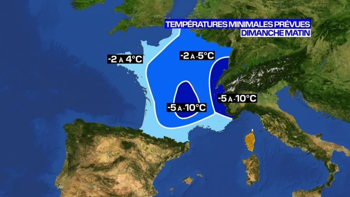Les températures minimales prévues ce dimanche 11 décembre au matin Les températures minimales prévues ce dimanche 11 décembre au matin